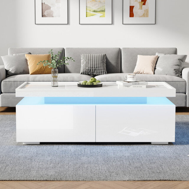 High-Gloss White Coffee Table with 2 Drawers and LED Lights,for Living Room or Office