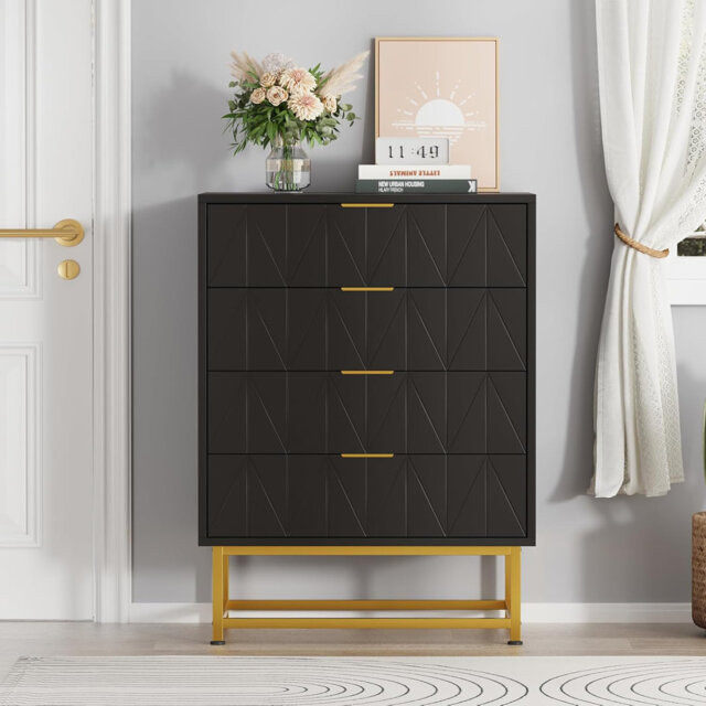 Black 4 Drawer Dresser with Gold Metal Handles Modern Small Dresser Storage Cabine Wooden Chest of Drawers for Bedroom,Living Room,Hallway,Entryway -