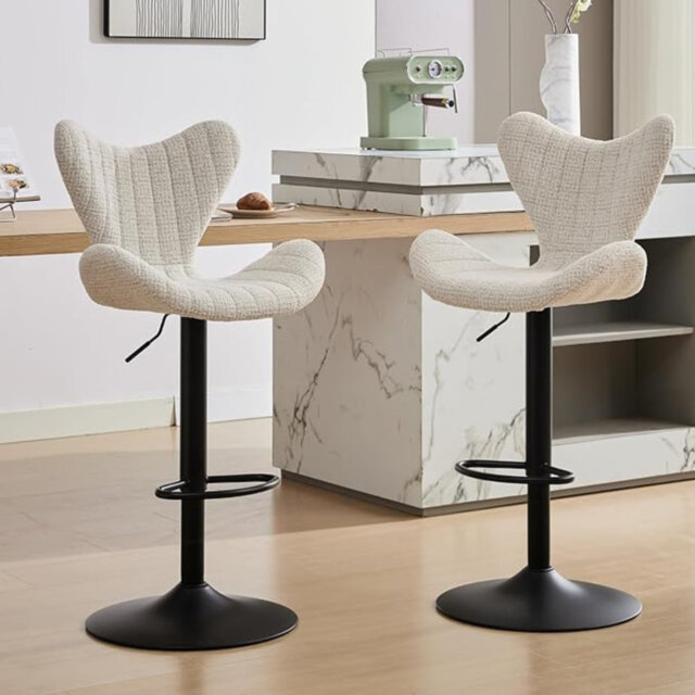 Wahson Bar Stools Set of 2 in Chenille Fabric Height Adjustable Modern Counter Chairs with Stylish Designed Backrest for Home Bar Restaurant, White