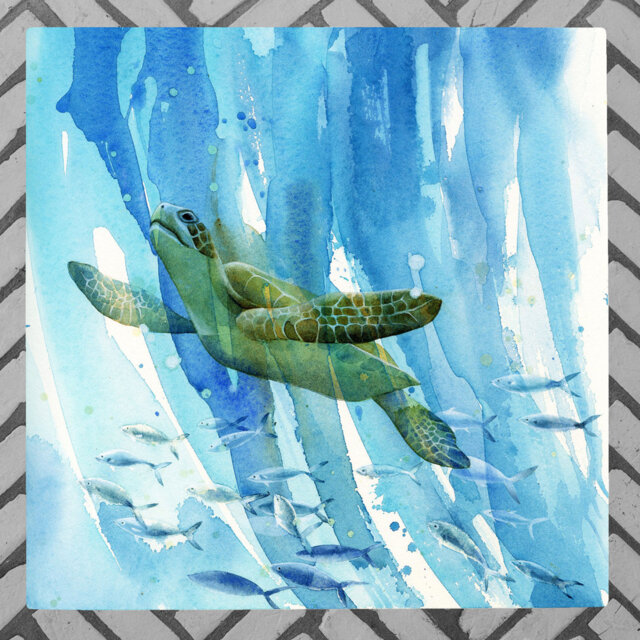P. Stone Turtle Swimming Ceramic Wall Décor 20cm x 20cm