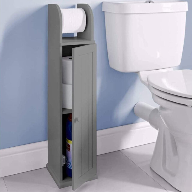 Free standing Grey wooden Toilet Paper Roll Holder with Shelf