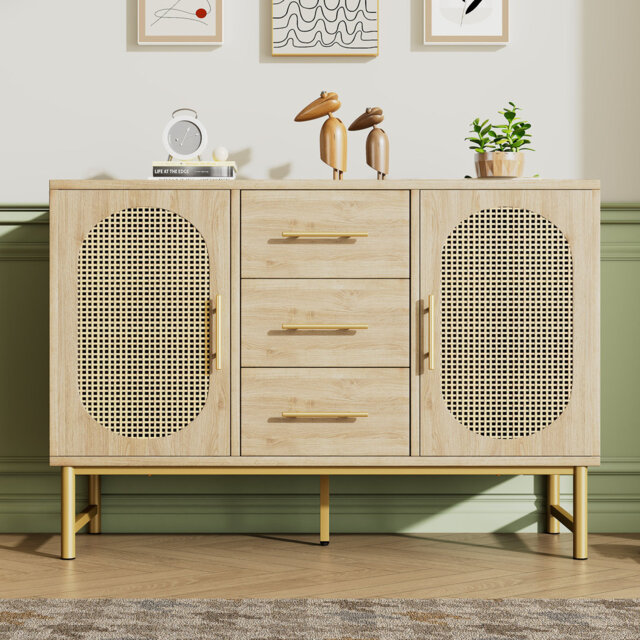 Rattan Sideboard Storage Cabinet With 2 Doors 3 Drawers, 120 X 40 X 74 Cm, Oak
