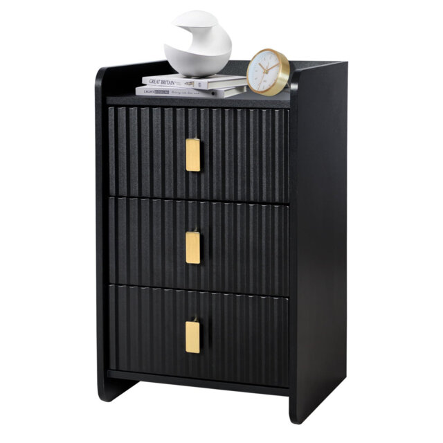 Black Fluted Wooden Bedside Table, 3 Drawers Modern Nightstand Easy Assembly Compact Side Cabinet 333050cm for Bedroom Living Room Small Space