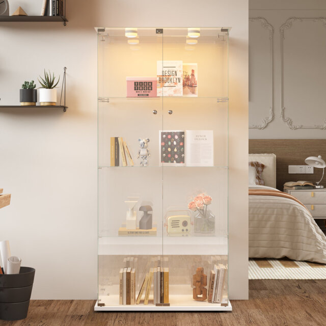 Frihart LED Glass Display Cabinet with Lockable Door, Curio Display Case for Collectibles, Books, Figurines and Home Décor