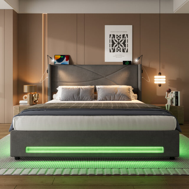 Modern Bed Frame With Led Lights & Hydraulic Storage - Usb Charging, Built-in Reading Lamps