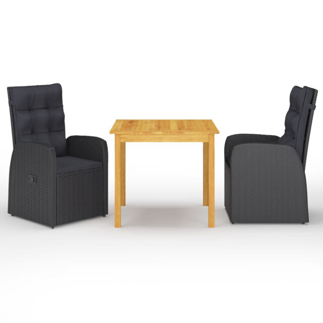 3 Piece Garden Dining Set With Cushions Black Poly Rattan