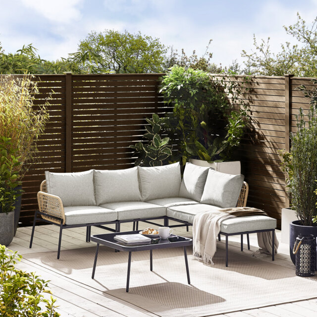 Alahni Outdoor 4-5 Seat Corner Sofa with Cushions and Coffee Table - Modern Rattan (Cover Included)