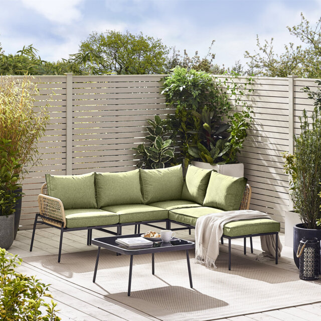 Alahni Outdoor 4-5 Seat Corner Sofa with Cushions and Coffee Table - Modern Rattan (Cover Included)