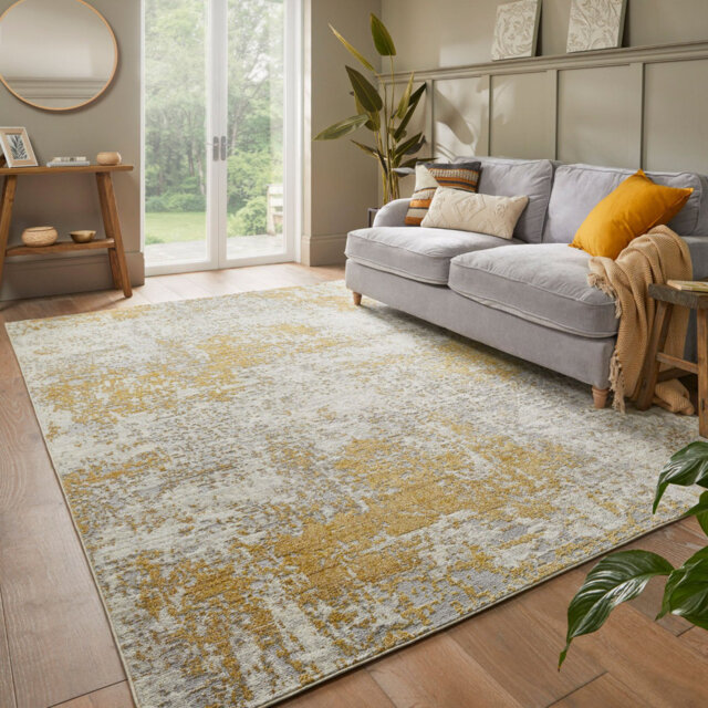 Ivory Gold Abstract 7Mm Thick Anti Shed Rug, Stain Resistant Modern Rug For Bedroom, & Living Room