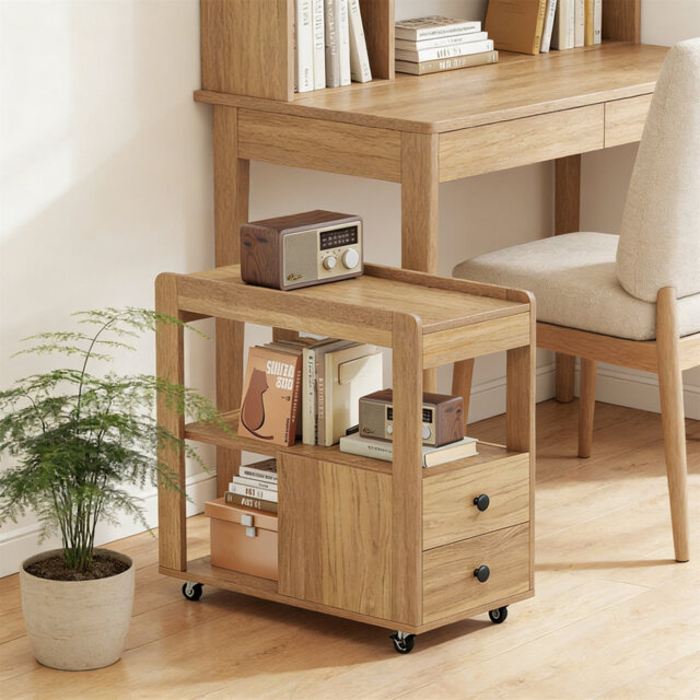 Narrow Bedside Table With 2 Drawers, Storage Shelves And Wheels, 3-Tier Rolling Slim Nightstand, Bedside Cabinet & Sofa Side Table For Small Spaces, L