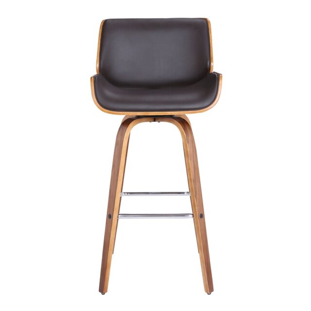 Alula Mid-Century Swivel Counter or Bar Height Bar Stool in Brown Faux Leather with Walnut