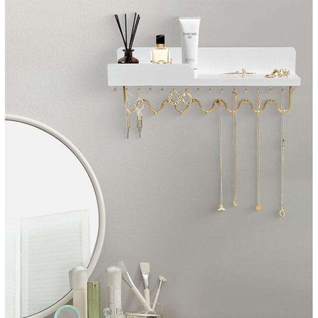 Wall Mount Necklace Holder Organizer, Shelf With Gold Metal Wave Bar And Guardrail