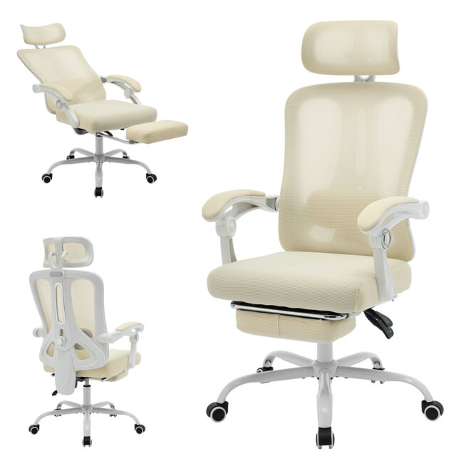 Ergonomic High-Back Mesh Office Chair with Retractable Footrest, Adjustable Headrest & Lumbar Support, Reclining Swivel Rolling Desk Chair, 300 lb - W