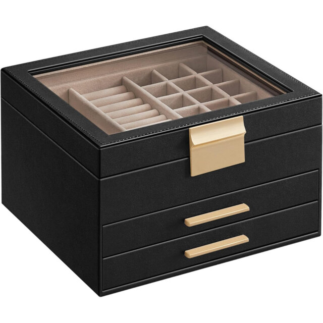 Jewellery Box With Glass Lid, 3-Layer Jewellery Storage Organiser With 2 Drawers
