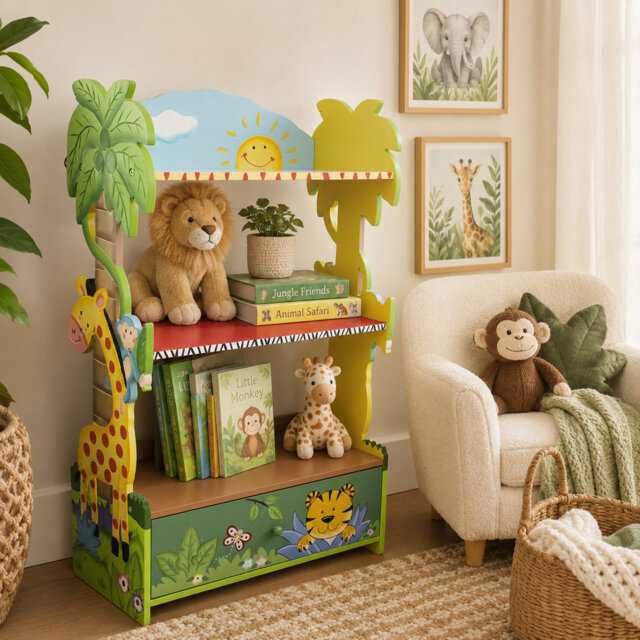 Teamson Kids Sunny Safari 3-Tier Wooden Bookshelf with Storage Drawer – Animal-Themed Bookcase for Bedrooms & Playrooms