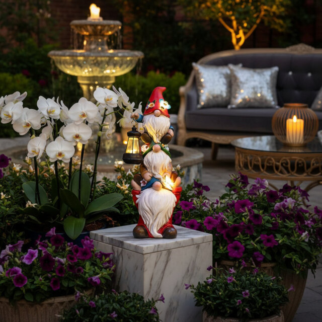 Whimsical Triple Gnome Solar LED Garden Statue Outdoor Decor