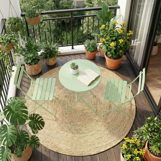 3 Piece Foldable Patio Bistro Set, Outdoor/Indoor Metal Table and Chairs Furniture, Compact Round Table with 2 Folding Chairs for Balcony, Porch, Deck