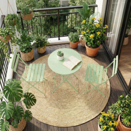 3 Piece Foldable Patio Bistro Set, Outdoor/Indoor Metal Table and Chairs Furniture, Compact Round Table with 2 Folding Chairs for Balcony, Porch, Deck