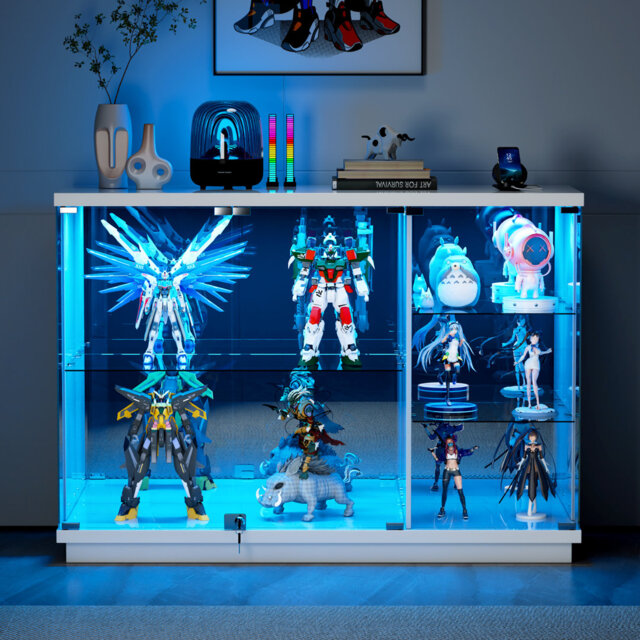 Premium Display Sideboard with Tri-Color Sensor, Removable Glass Shelves and Lock