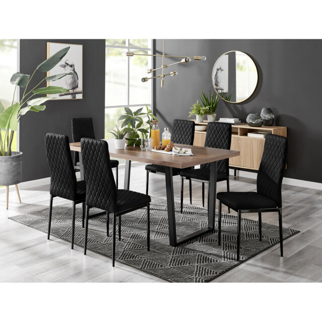 Kylooe Modern Sleigh Style Dining Table Set With 6 Luxury Quilted Velvet Dining Chairs