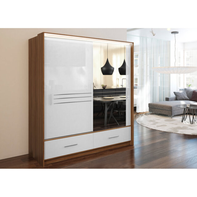 Bonnielee 208cm Sliding Door Wardrobe - Walnut Frame, White High Gloss & Mirror Finish