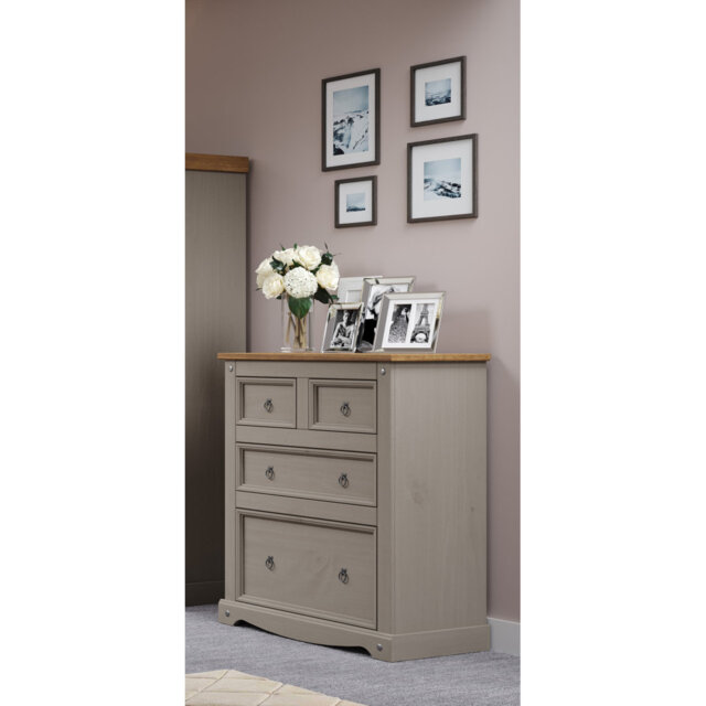 Wes 4 Drawer (2+2) Chest of Drawers, Pine, Antique Waxed, Corona Design