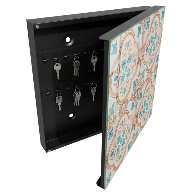 Wall mounted key box, Opens to the right, 30x30x5, Black, Ornamental composition with turquoise and orange,