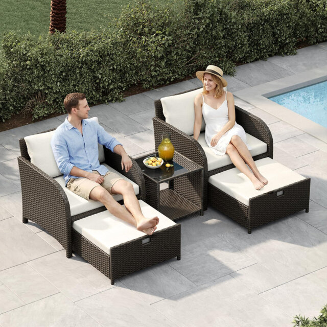 5-Piece PE Wicker Patio Furniture Set, Outdoor Rattan Sofa Conversation Set with Lounge Chairs, Ottomans, Tempered Glass Table, Great for Garden, Back