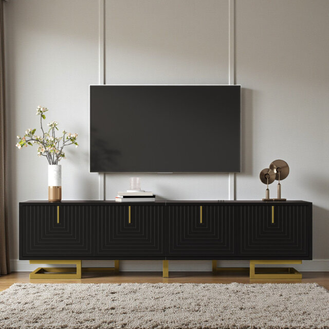 Black TV Cabinet, TV Stand With Textured Doors