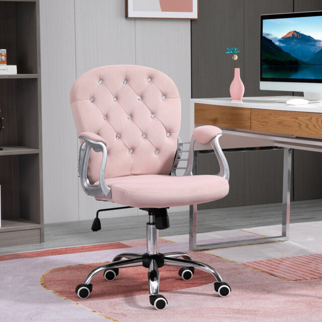 Vinsetto Velvet Desk Chair with Tufted Backrest and Padded Armrest