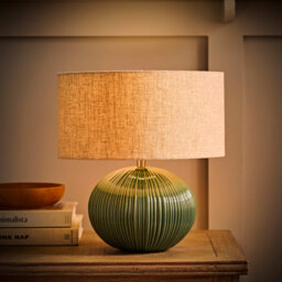 Deenah Green Ribbed Ceramic Table Lamp with Linen Drum Shade and Bulb