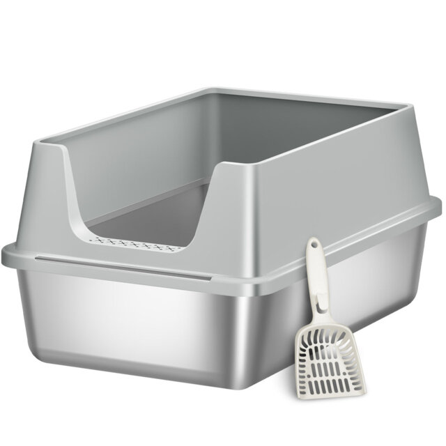 Stainless Steel Cat Litter Tray, 60.5 L x 40 W x 29 H cm, XXL Large Capacity Metal Cat Litter Tray, High Sided Covered Cats Litter Box with Scoop, Eas