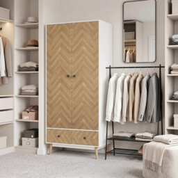 HOMCOM Modern Wardrobe Cabinet with 2 Hanging Rods Natural/White