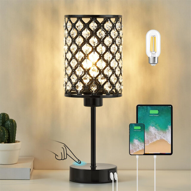 Crystal Table Lamp With USB C+A Ports, 3-Way Dimmable Touch Lamp, With Crystal Lampshade (Bulb Included)
