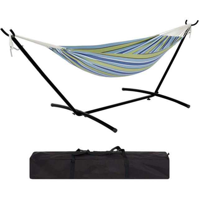 Heavy Duty Double Hammock with Stand – 2 Person Cotton Rope Outdoor Patio Bed with Reversible Quilted Pad & Hardwood Spreader Bars – 475lbs Capacity –