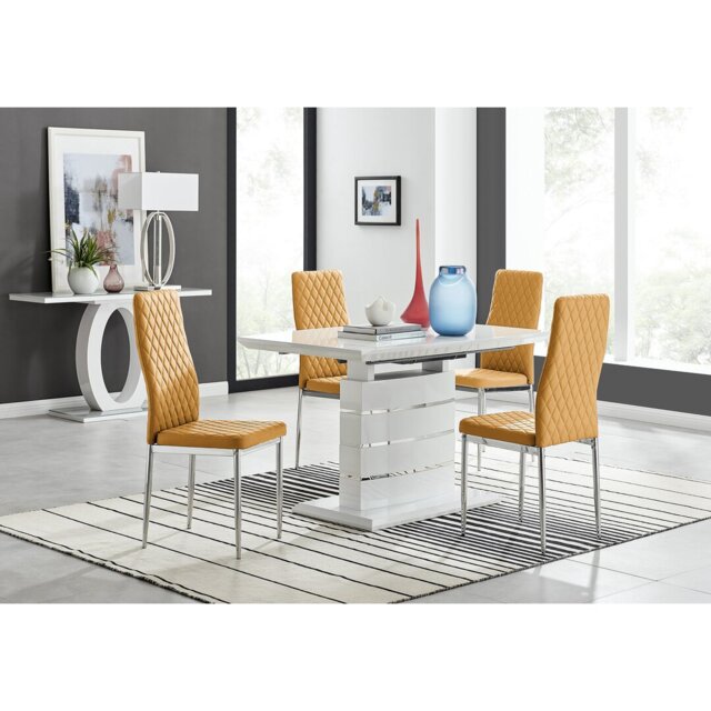 Renne Modern High Gloss Extendable Dining Table Set With 4 Quilted Faux Leather Dining Chairs