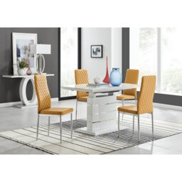 Renne Modern High Gloss Extendable Dining Table Set With 4 Quilted Faux Leather Dining Chairs