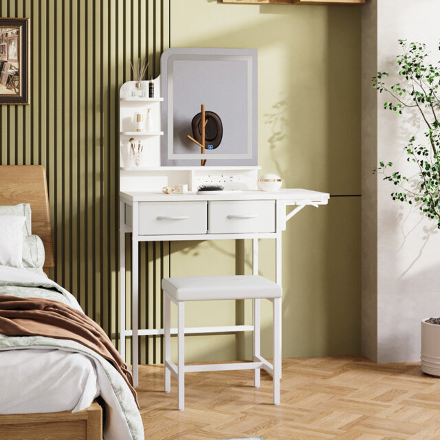 LED Mirror Dressing Table and Stool Set with Power Strip
