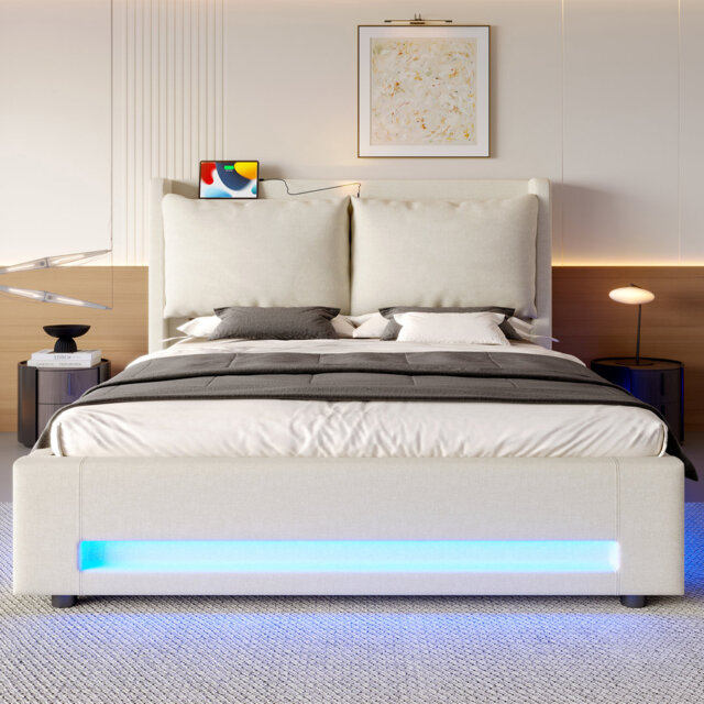 Joshua Hydraulic Lift Upholstered Bed with Shelf, USB & LED Lighting
