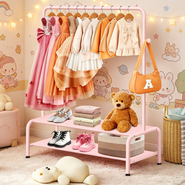 Kids Freestanding Clothes Rail, Mini Garment Rack with 2 Fabric Shelves, Children Dressing Up Coat Hanger Stand