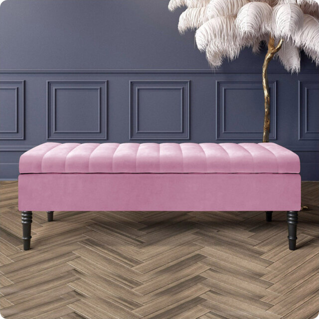 Safar Striped Ottoman Storage Bench – Upholstery Plush Velvet Shoe Bench with Black Turned Wooden Legs