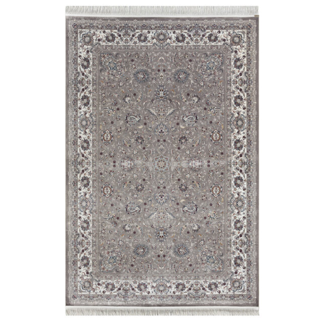 Minyatur Dark Gray & White Medallion Area Rug – Low-Pile 100% Viscose Woven Carpet, Traditional Design