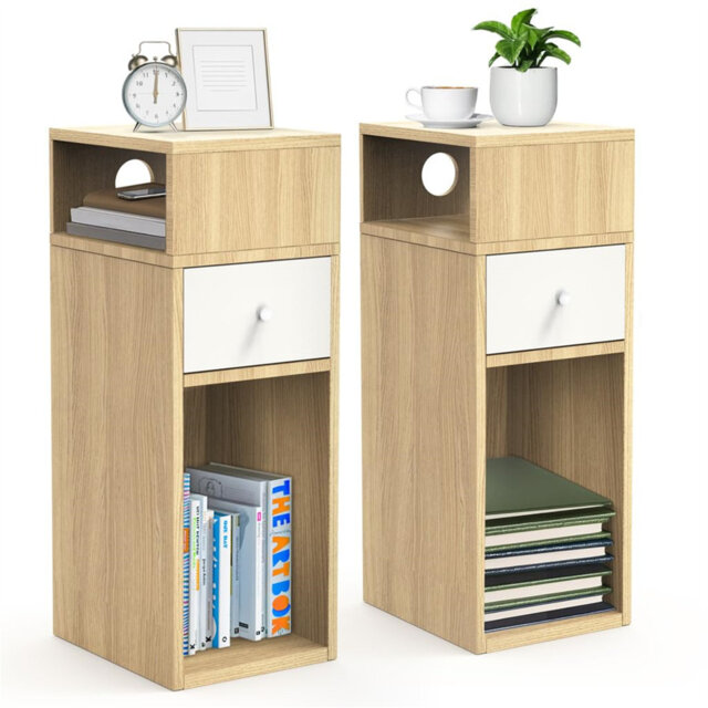 Narrow Wood Bedside Cabinet With Drawer And Open Shelf, Small Bedside Unit, Thin Nightstand For Bedroom, Living Room, Natural
