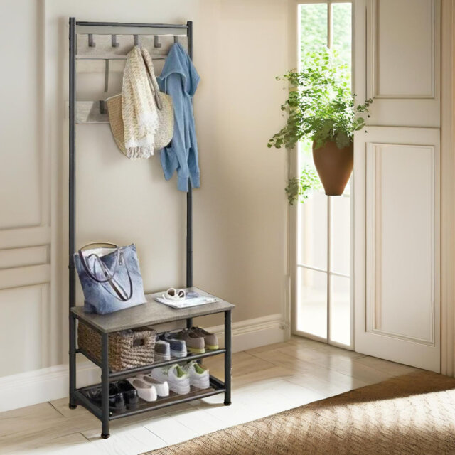 Aketzali Hall Tree 72.5cm Wide Grey Rustic with Shoe Storage Shelves Entryway Hallway Furniture