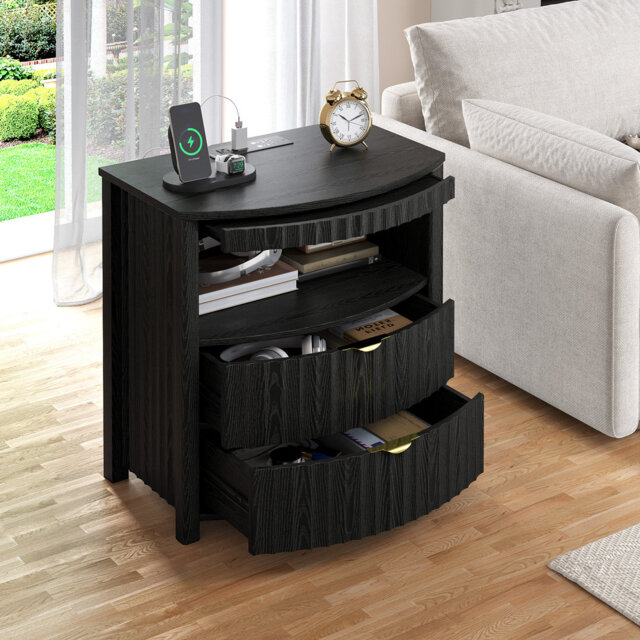 Fluted Curved Bedside Table with Human Sensor Light, Charging Station