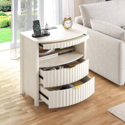 Fluted Curved Bedside Table with Human Sensor Light, Charging Station