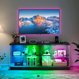 Clear Tv Cabinett With Body Sensor Rgb Light And Buit-in Charging Station, Modern 2-tiers Sideboard Cabinet With Tempered Glass