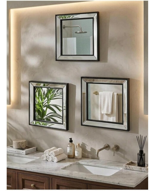 Set Of 3 Square Mirror Silver Beaded Angled Bordered Frame Plastic & Clear Glass Metallics Collection Home Decoration Idea Elegant Looks Illusion Of S