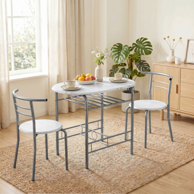 HOMCOM 3-Piece Dining Table and Chairs Set Marble-Effect Top White