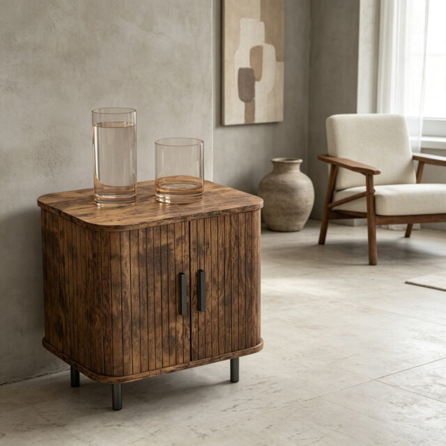 Bedside Table with Sliding Doors and Two Tier Storage, Particle Board and Steel, Rustic Brown and Black